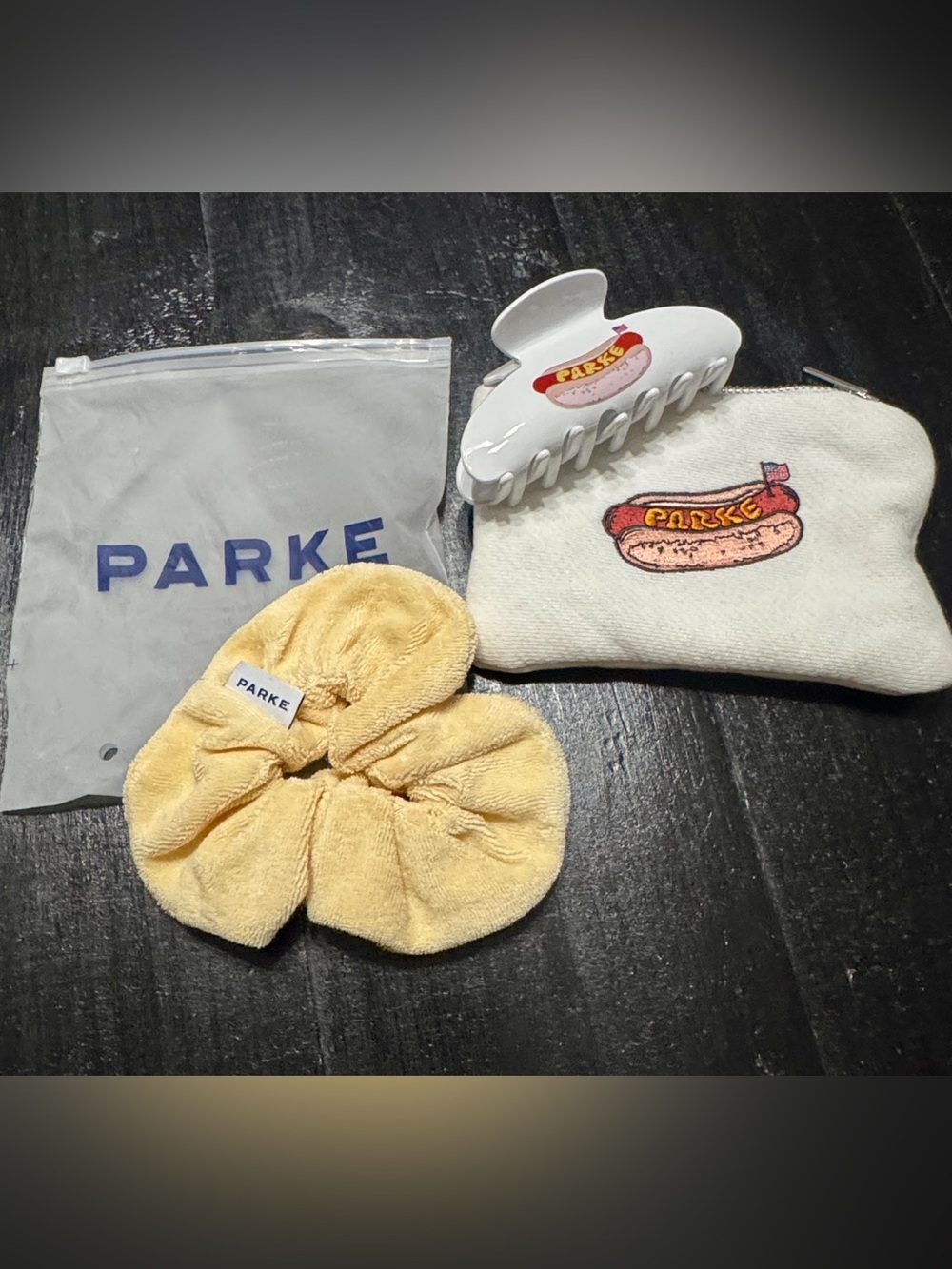 Parke Hotdog Claw Clip, Embroidered Pouch & Scrunchie Set